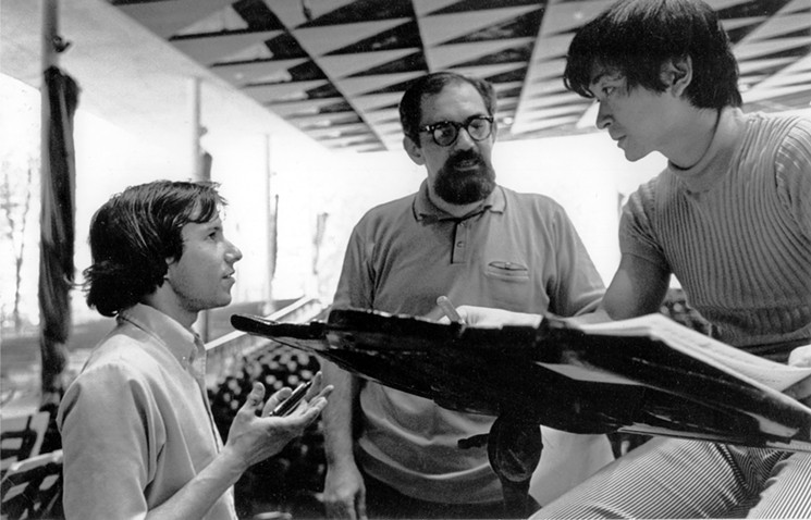 Corky Siegel (with harmonica), William Russo, and Seiji Ozawa preparing for a rehearsal with Chicago Symphony at Ravina, July 1968.