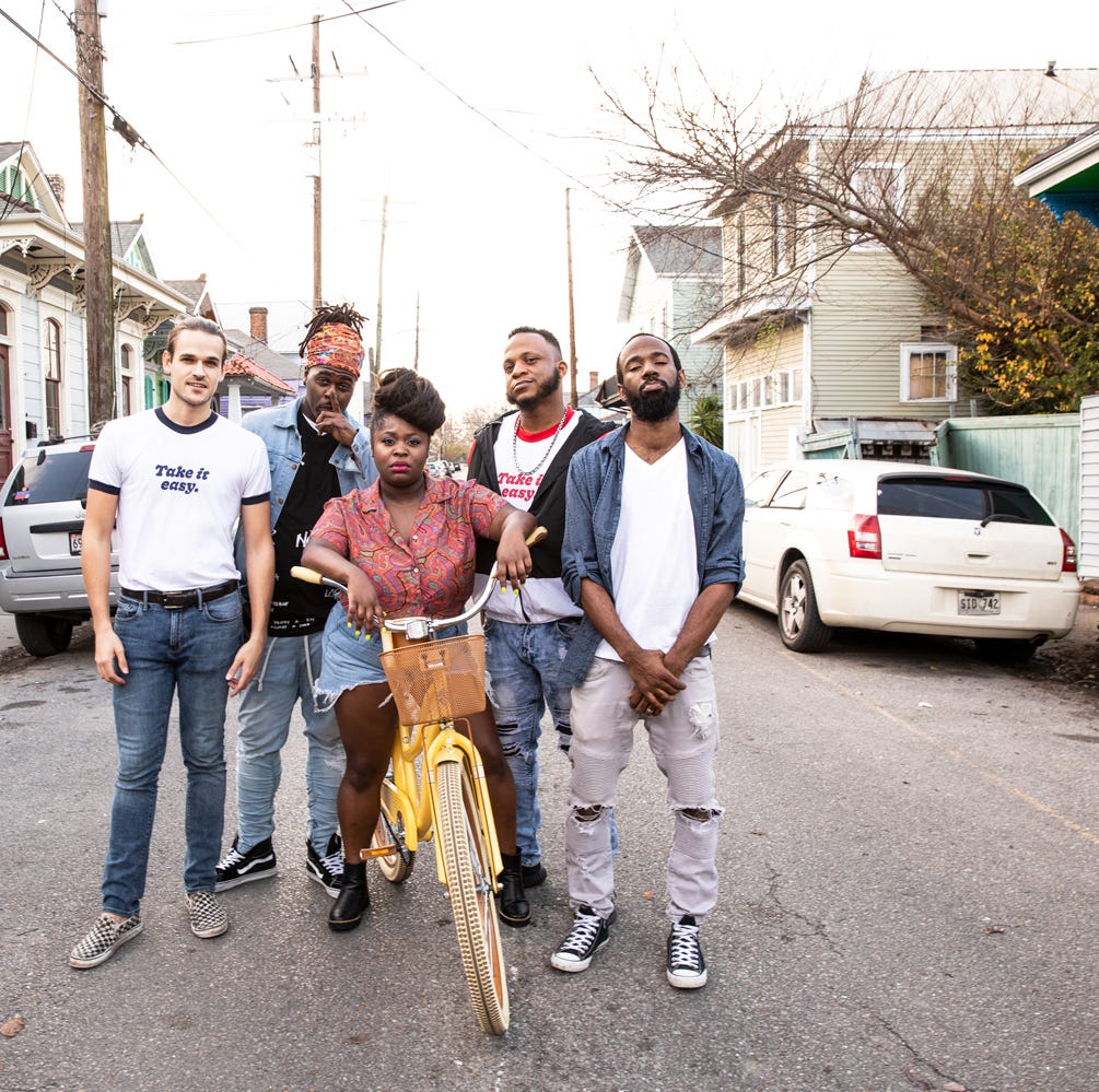 Tank and the Bangas, a band that fits no certain definition, are performing at Festival International on Friday. In the photo are Albert Allenback ,Joshua Johnson, Tarriona “Tank” Ball, Merell Burkett and Norman Spence.