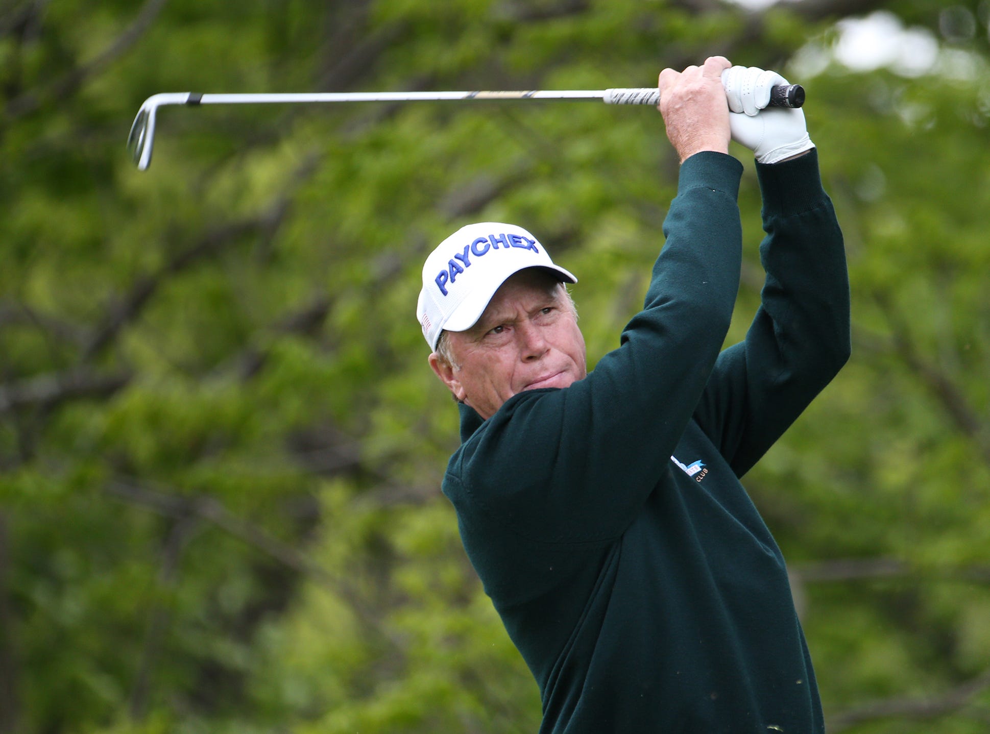 Jeff Sluman tees off on the 15th hole during the second round of the 2019 Senior PGA Championship at Oak Hill.