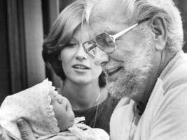 Comedian Foster Brooks with his granddaughter at his farm on East Henrietta Road. 1980