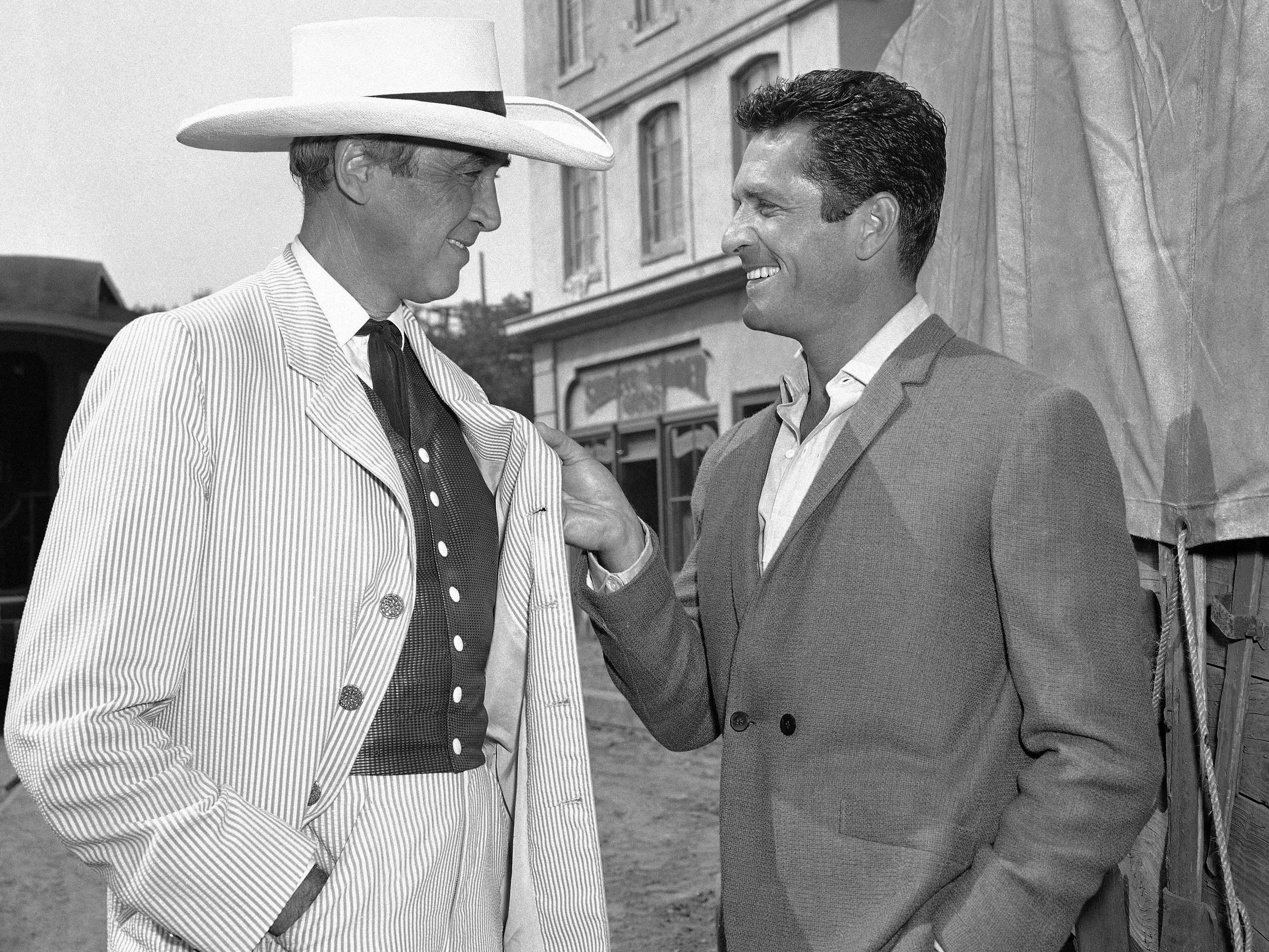 Associated Press 1963 file photo Hugh O'Brian, right, talks with James Stewart on the set of "Cheyenne Autumn" in Los Angeles.