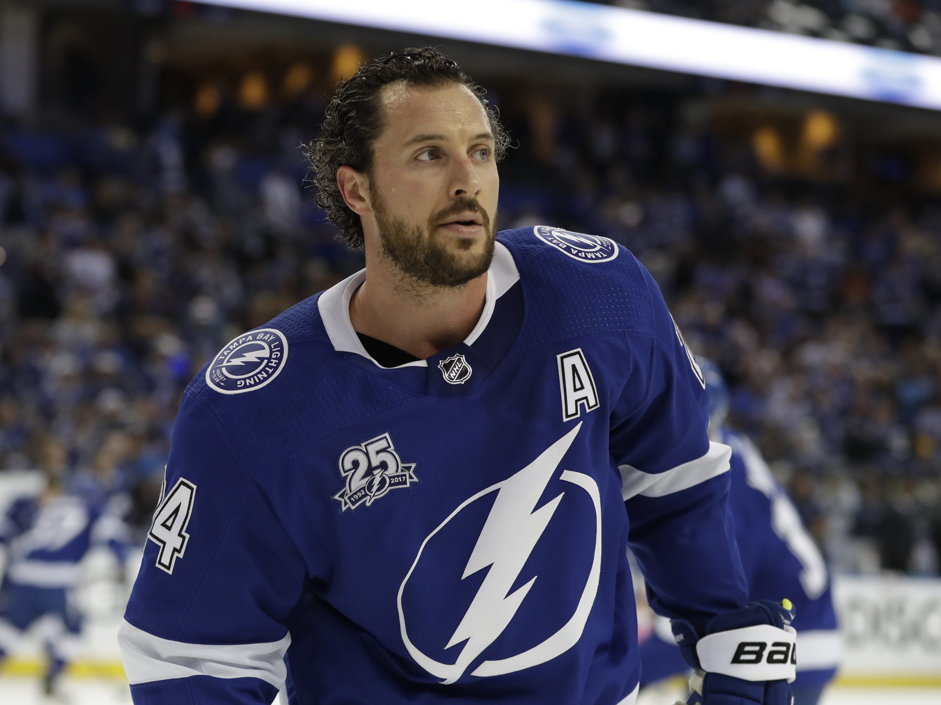 Tampa Bay Lightning right wing Ryan Callahan (24) before Game 5 of an NHL second-round hockey playoff series against the Boston Bruins on May 6, 2018, in Tampa, Florida.