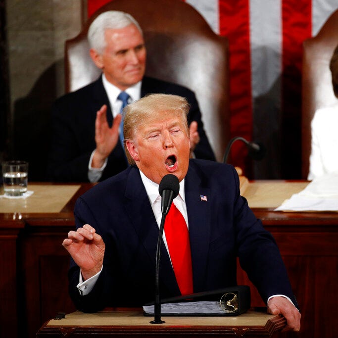 President Donald Trump delivers his State of the Union address to a joint session of Congress on Capitol Hill in Washington, Tuesday, Feb. 4, 2020, as Vice President Mike Pence ad House Speaker Nancy Pelosi of Calif., listen. (AP Photo/Patrick Semansky)