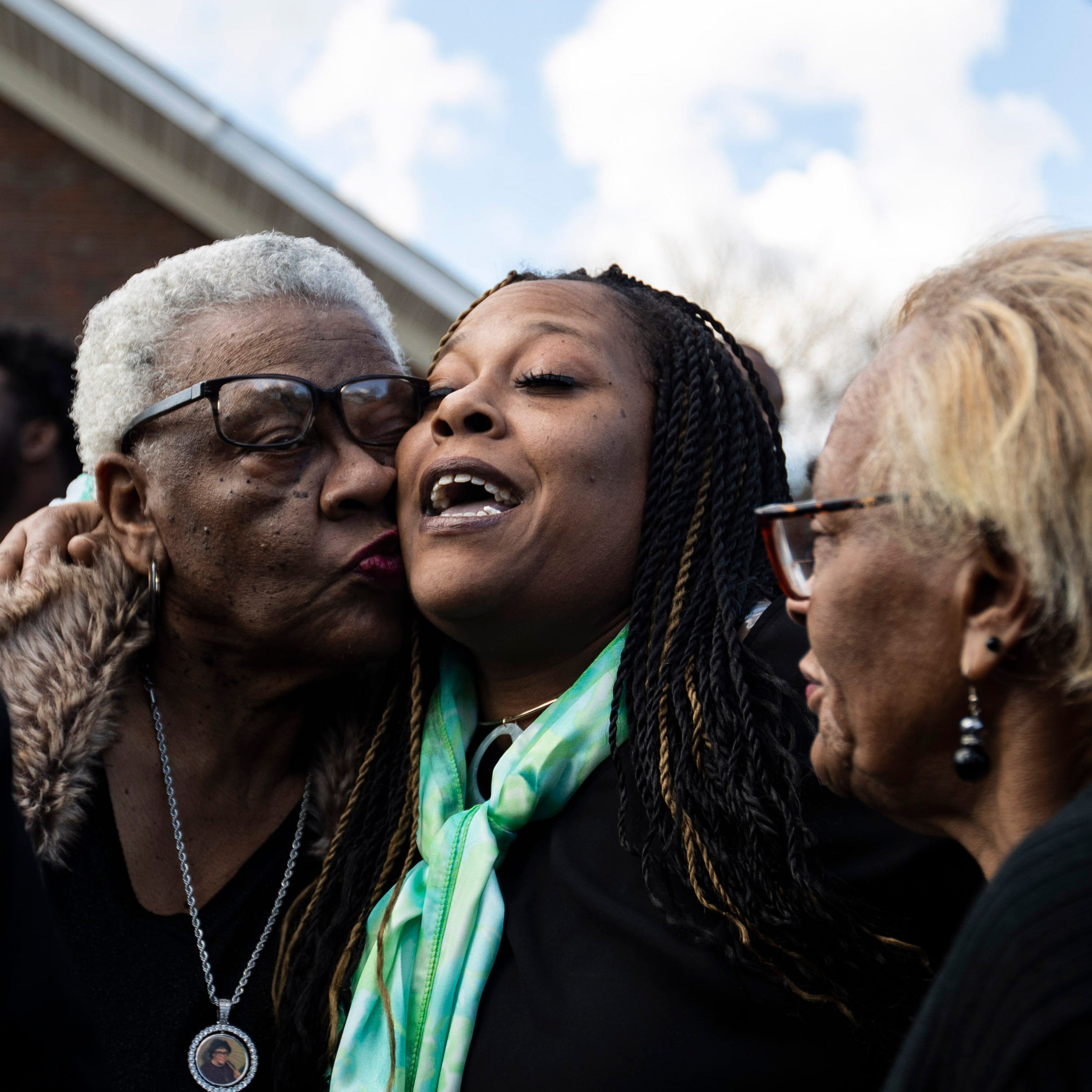  Carla R. Knox is embraced with hugs and kisses from friends and family during the memorial service of her 10-year-old son Jadon Knox at New Life Missionary Baptist Church on Saturday, Feb. 1, 2020. 