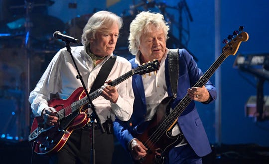 Justin Hayward, left, and John Lodge of the Moody Blues perform during the Rock and Roll Hall of Fame induction Saturday in Cleveland. David Richard/AP Justin Hayward, left, and John Lodge of the Moody Blues perform during the Rock and Roll Hall of Fame induction ceremony Saturday, April 14, 2018, in Cleveland. (AP Photo/David Richard)