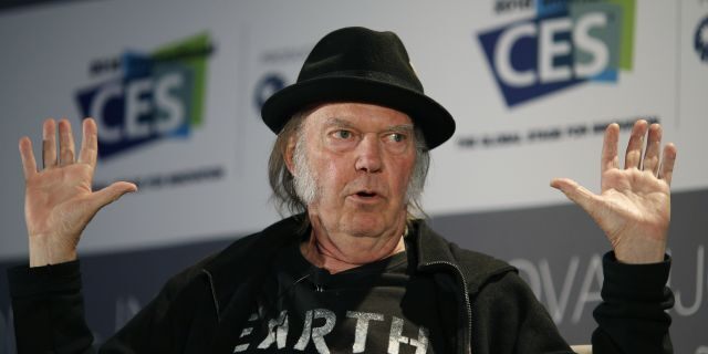 Neil Young speaks during a session at the International CES Wednesday, Jan. 7, 2015, in Las Vegas.