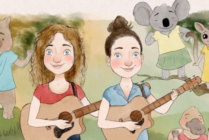 A drawing of two young women holding acoustic guitars surrounded by dancing cartoon animals.