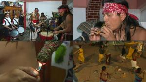 a group of people sitting at a table with a birthday hat: The Sandoval brothers, a family of musicians well-known in the Mexican town of Nezahualcoyotl, mix punk rock with traditional instruments of the pre-Hispanic Aztec civilization in their band -- determined to preserve their country's musical heritage