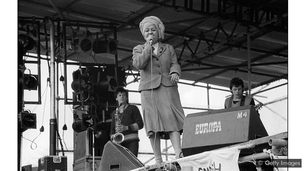 Poly Styrene, frontwoman of band X-Ray Spex, performed at the event, which attracted a crowd of 100,000 (Credit: Getty Images)