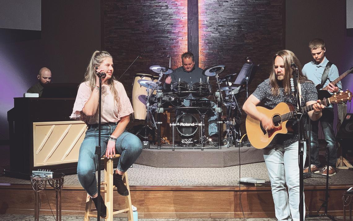 Isaac Erickson (from left), Taryn Nellermoe, Joe Stadstad, Dan Tinquist and Josiah Erickson perform May 20 at Triumph Lutheran Brethren Church in Moorhead. Special to The Forum